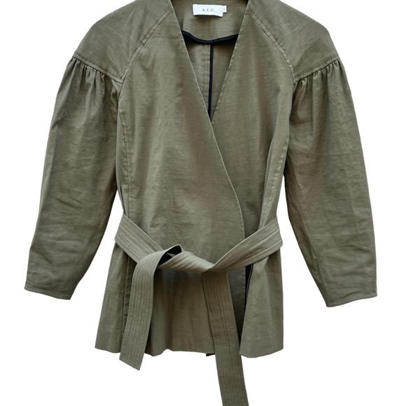 A.L.C. Kendrick Linen Blend Belted Kimono Puff Jacket Olive Green Sz O - Picture 10 of 14